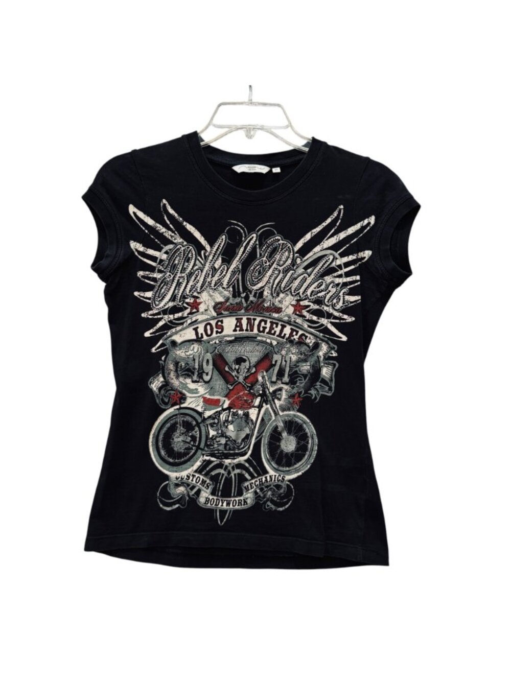 Vintage Black Baby T SMALL Rebel Riders Motorcycle Los Angeles Graphic Sparkle - Picture 9 of 9